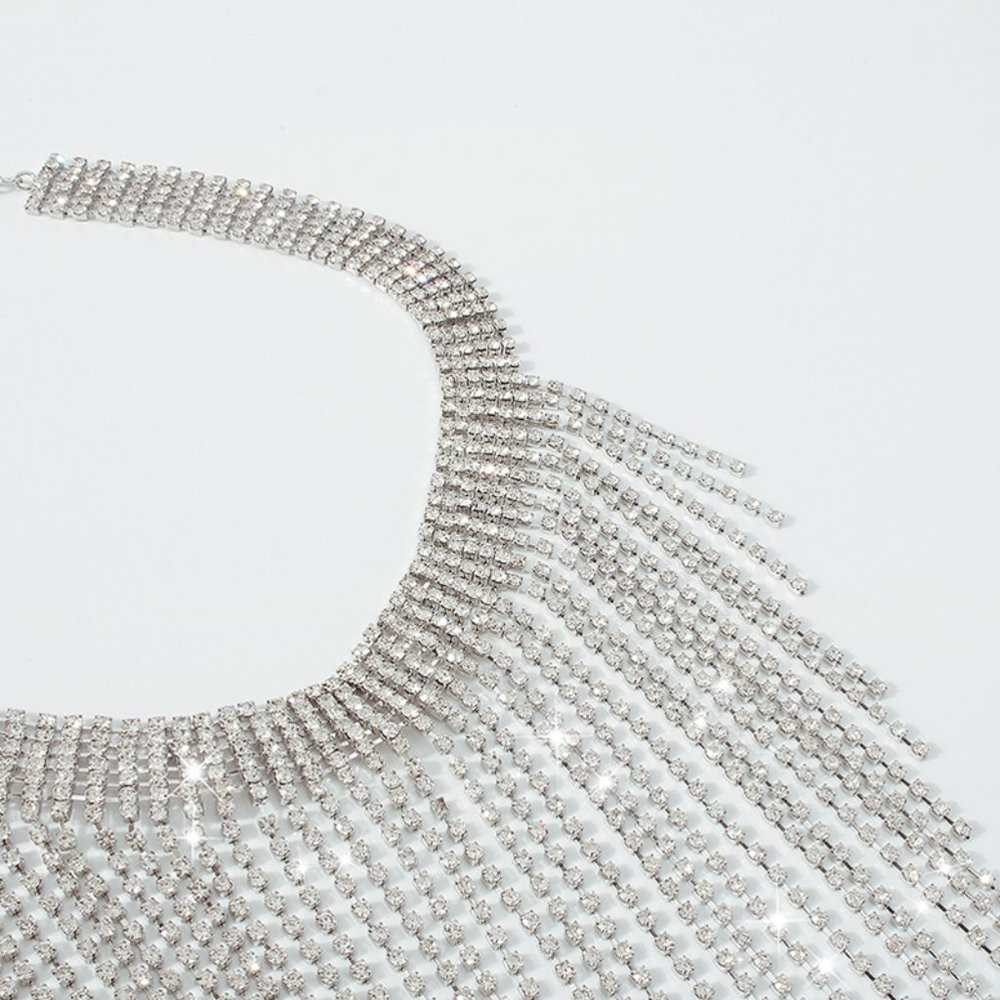 Bling Silver Crystal Long Drop Tassel Choker Necklace - Party Evening‎ Statement - Picture 9 of 9